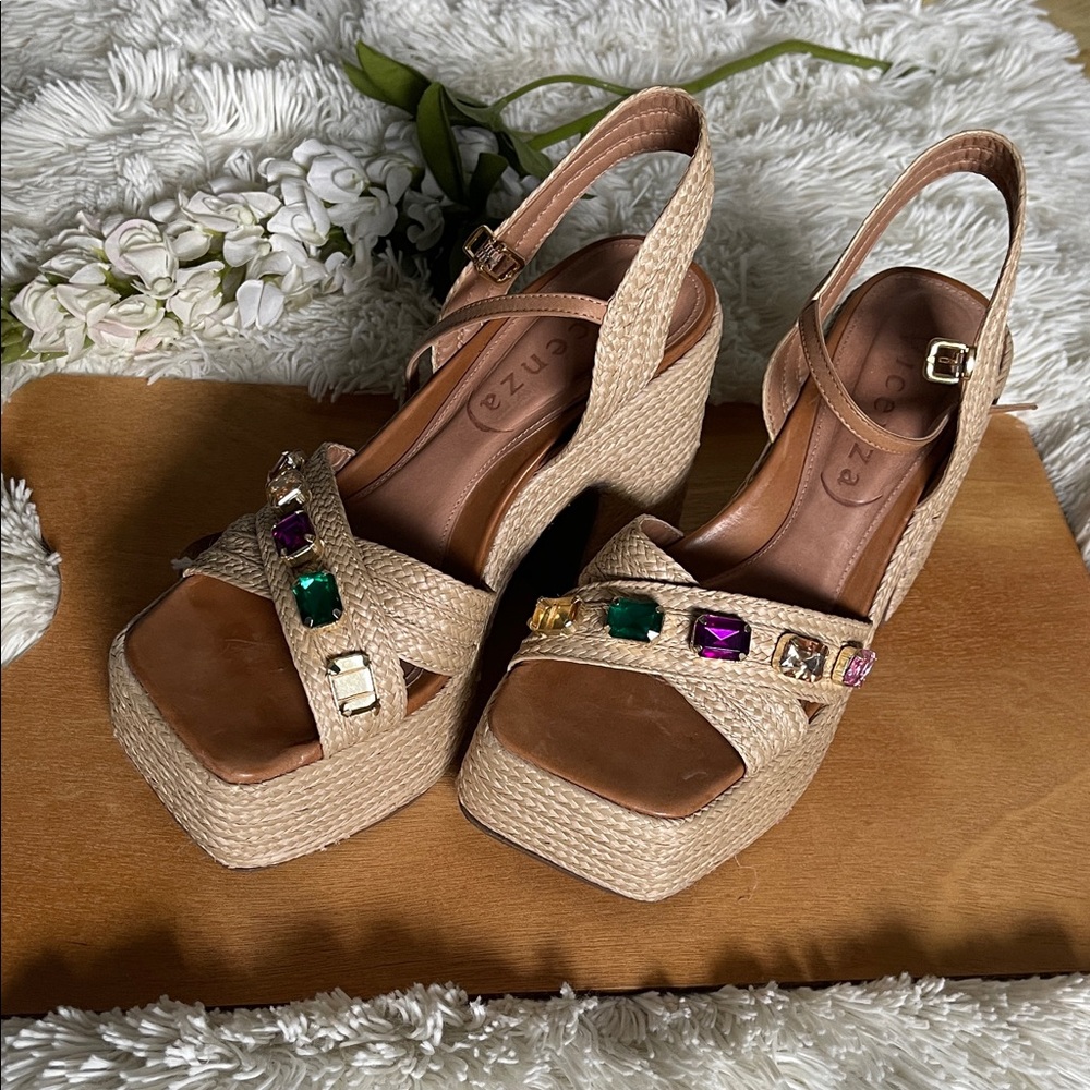 Woven Platform Slingback Sandals with Multicolor Gem Accents - Neutral